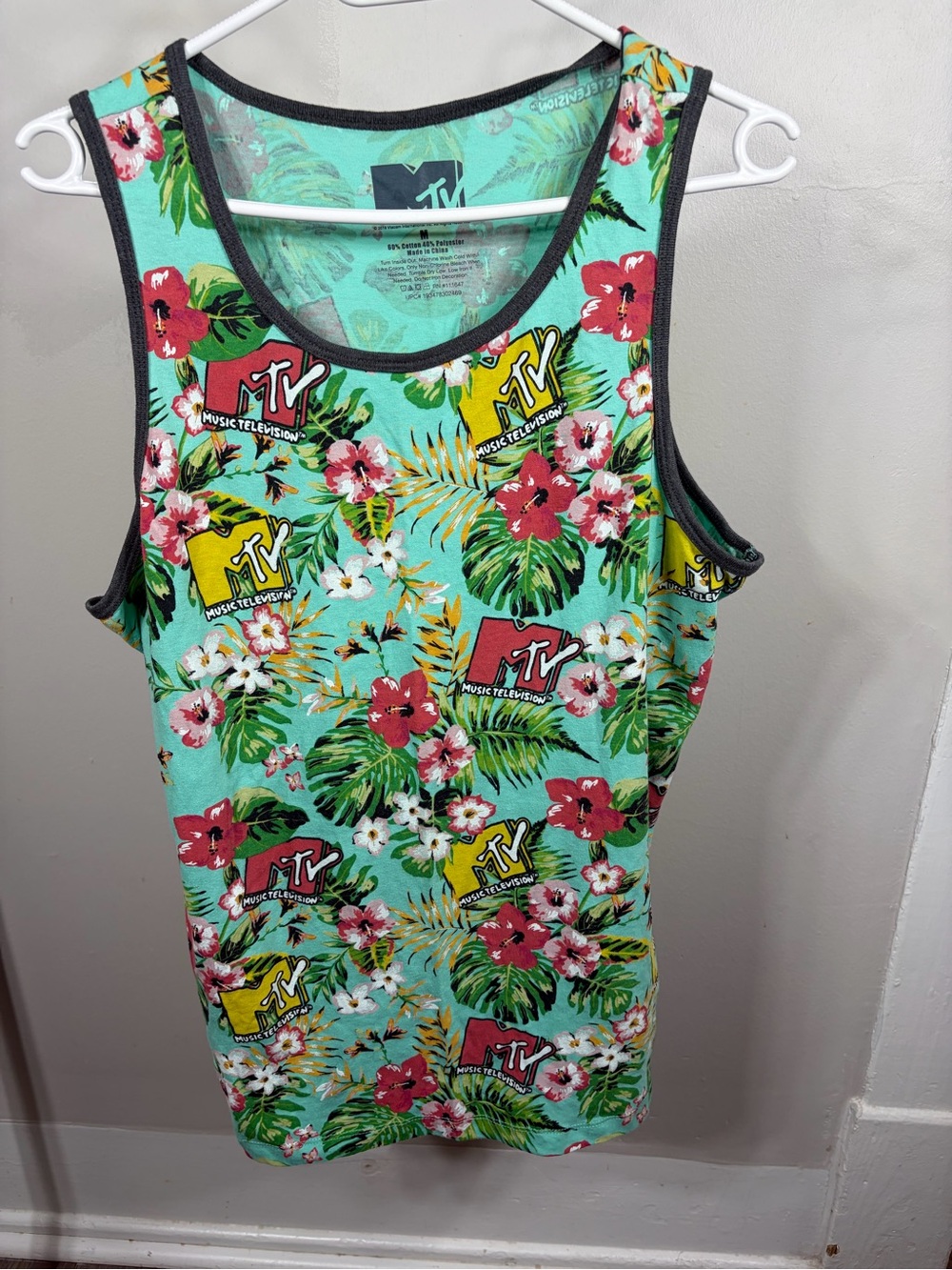 MTV Music Television Tropical Floral Logo Tank Teal Men's Size Medium Y2K Retro